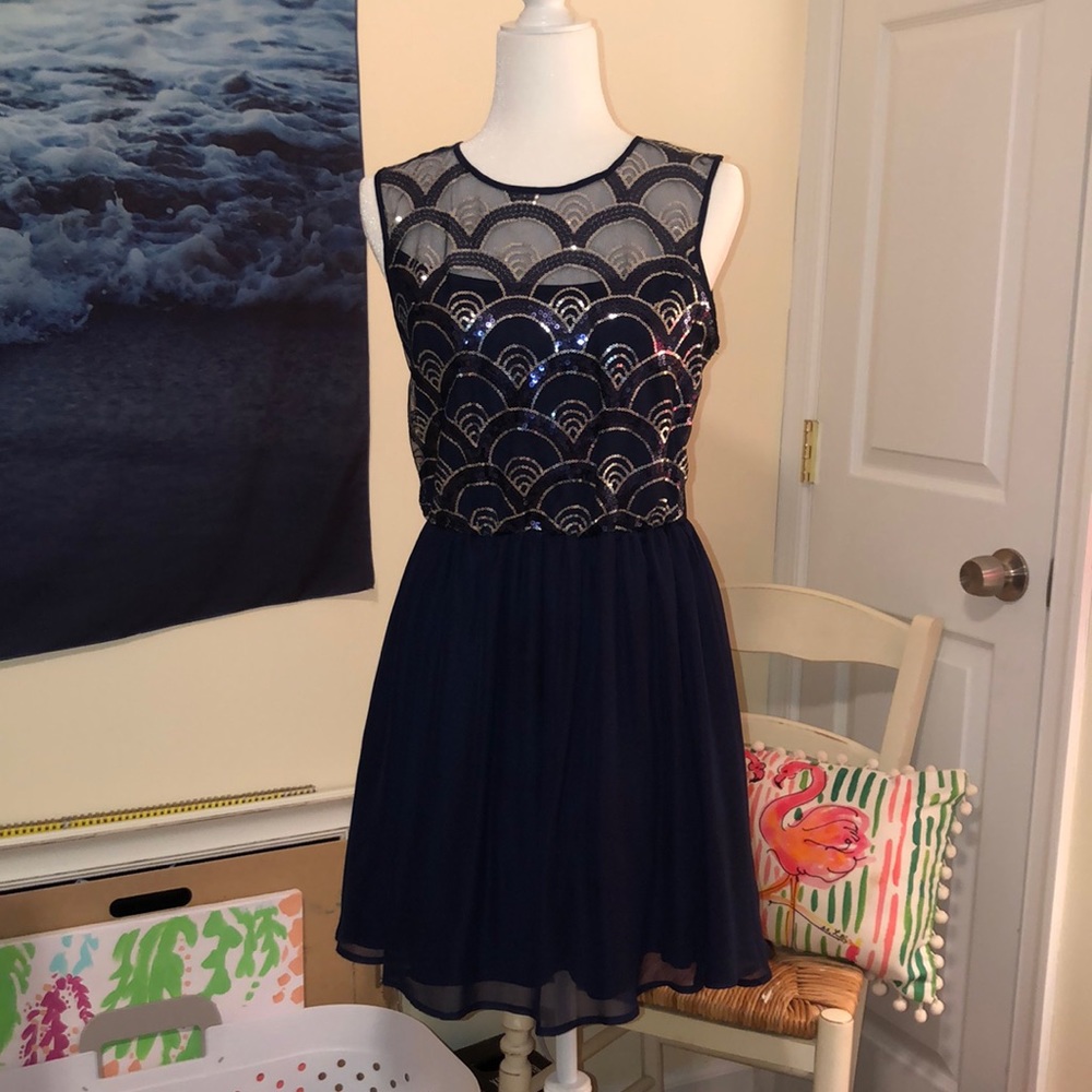 Sparkly Scallop Design Navy Dress
